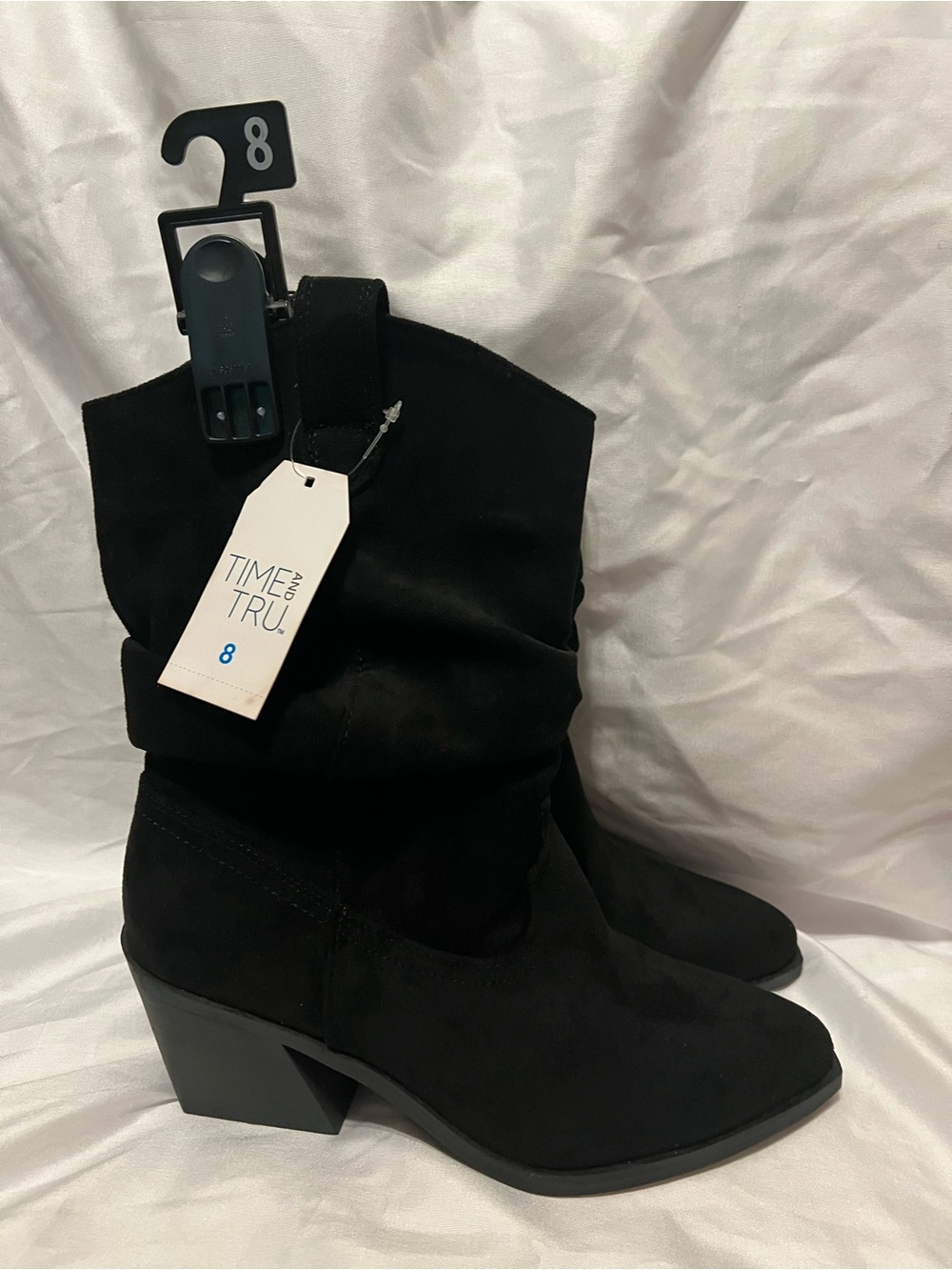 Time and Tru Black Suede-Look Mid-Calf Block Heel Boots